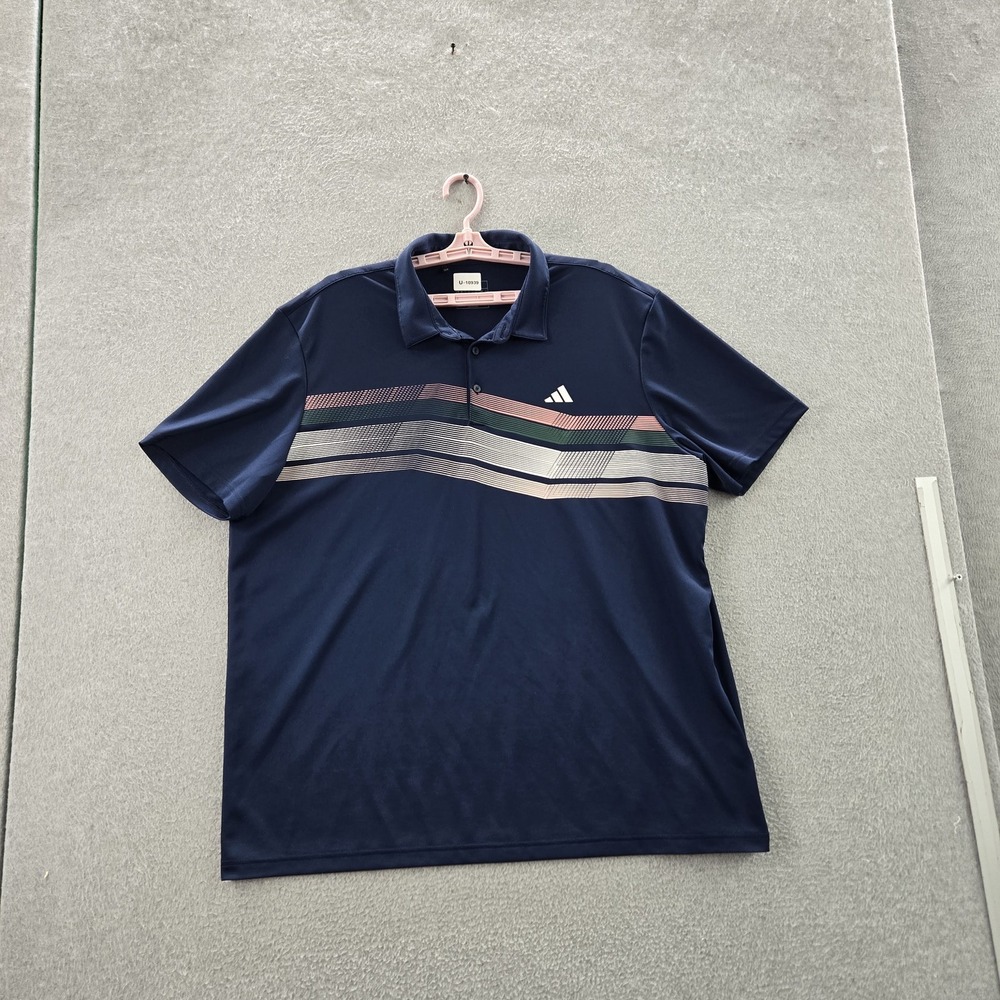 Adidas Men Polo 2XL Navy Striped Stripes Activewear Logo Short Sleeve